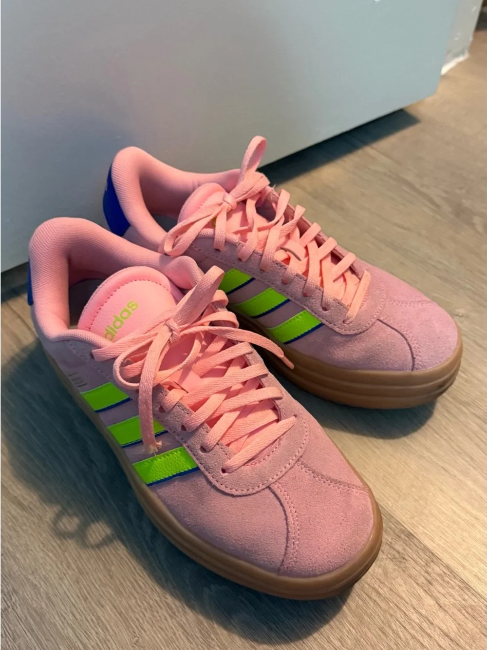 adidas Pink Suede Sneakers with Neon Green Stripe Accents - Picture 3 of 4